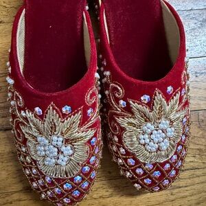Hand-Embroidered Red Velvet Women’s Slip-On Flats